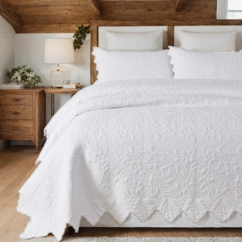 Brandream Premium White Cotton Quilt Set Oversized Queen Intricate Botanical Vine Stitching Scalloped Trim Lightweight All-Season Designer Bedspread 3-Piece