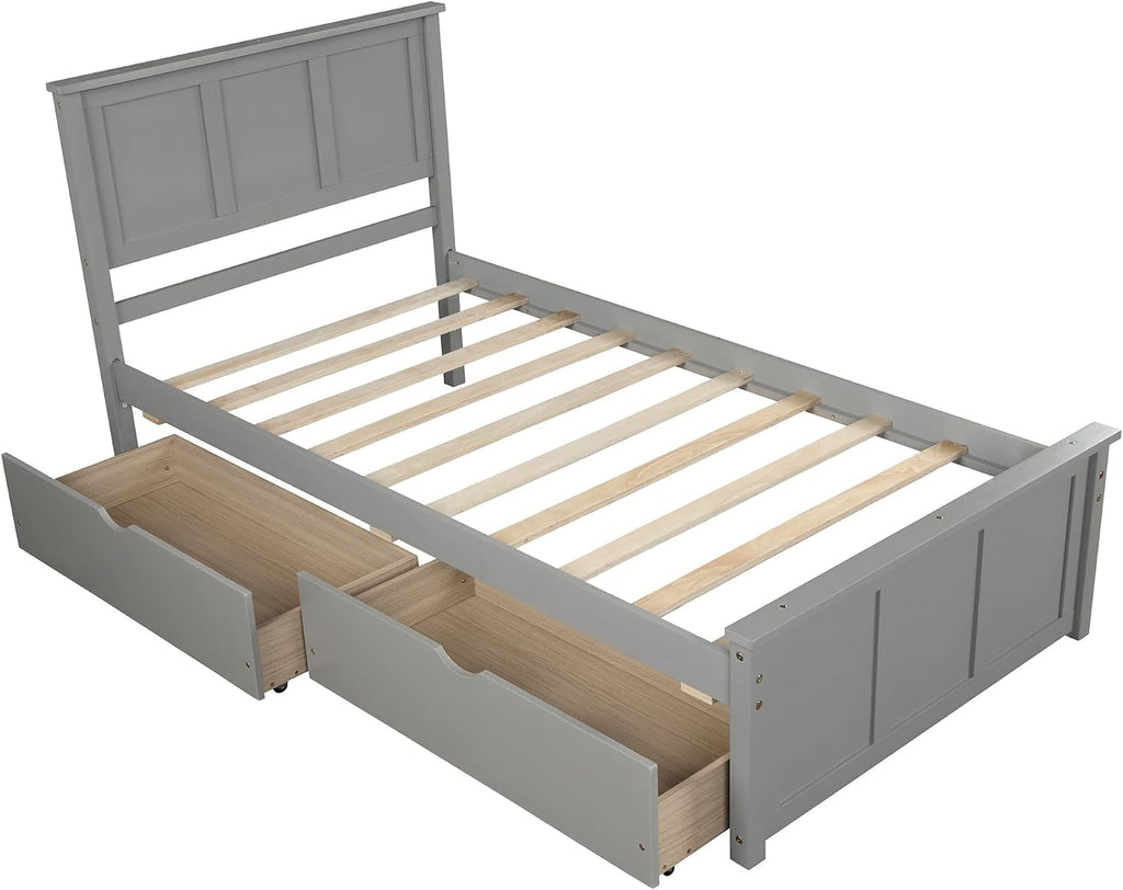 Twin Platform Bed with 2 Drawers and Headboard, Solid Wooden Twin Size Bed Frame with Storage and Wood Slats, Twin Size Platform Bed for Kids,Teens,Adults (Grey)