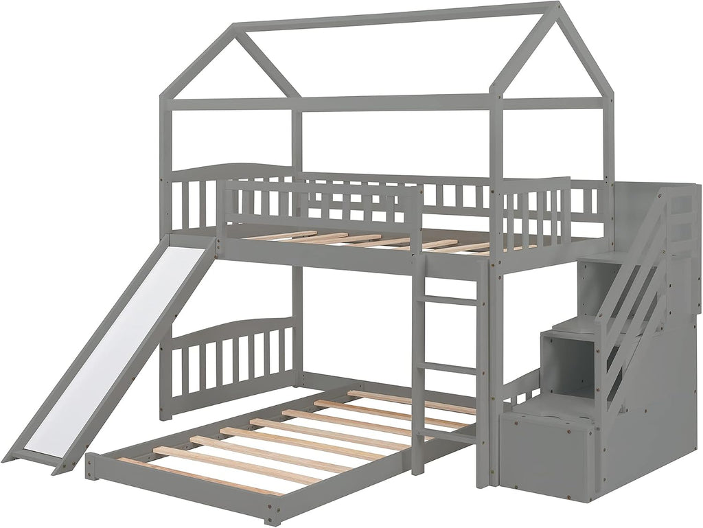 Twin Over Twin Bunk Beds with Slide and Storage Steps, Bunk Bed for Kids Toddlers, Playhouse Farmhouse Roof Guardrail Ladder 2 Drawers, for Girls/Boys, No Spring Box Required (Gray+Storage Steps)
