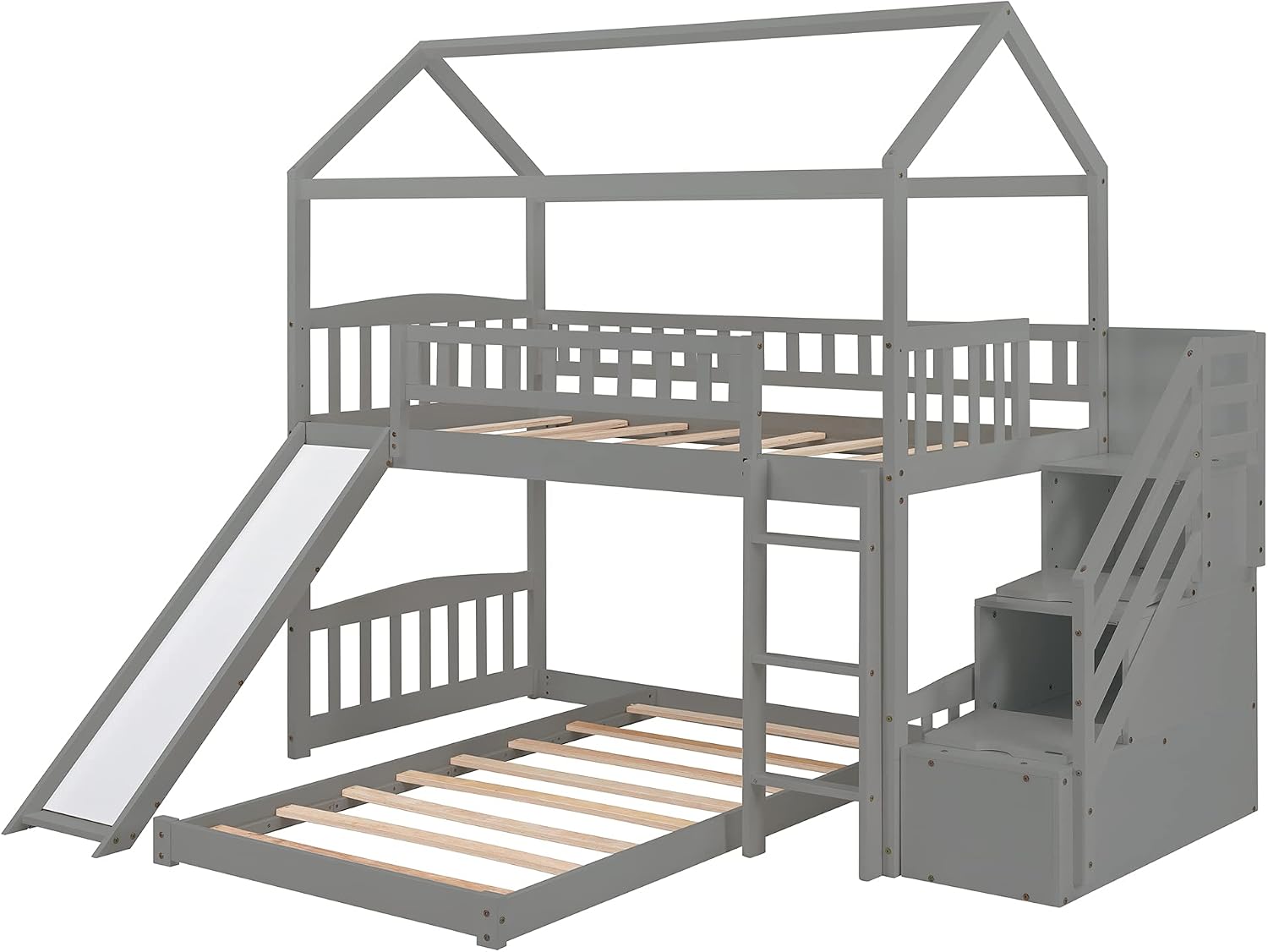 Twin Over Twin Bunk Beds with Slide and Storage Steps, Bunk Bed for Kids Toddlers, Playhouse Farmhouse Roof Guardrail Ladder 2 Drawers, for Girls/Boys, No Spring Box Required (Gray+Storage Steps)