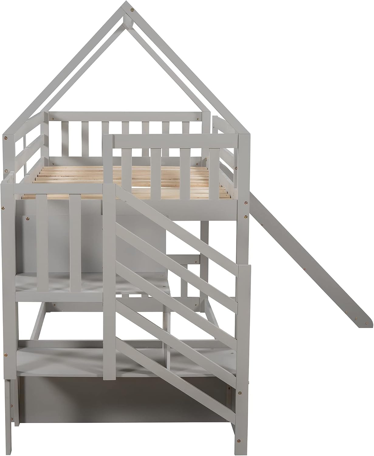Twin Over Twin Bunk Bed with Slide for Kids Toddlers, House Bunk Bed Farm with Storage Steps and Roof Guardrail for Girls/Boys, No Spring Box Required (Gray-Storage Steps#2)