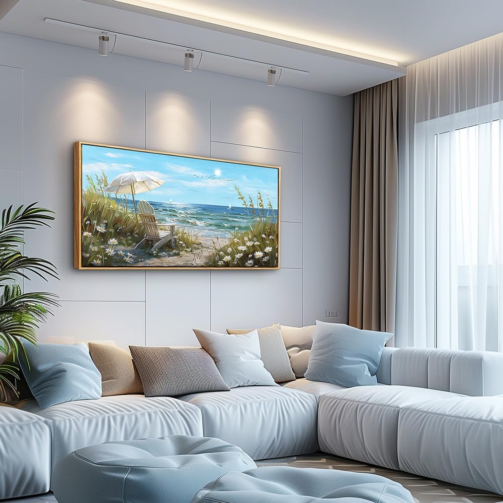 ERQINHUA Large Wall Art For Living Room Canvas Wall Decor For Bedroom Office Decoration Blue Sea Ocean Paintings Beach Chair Wall Pictures Artworks Modern Home Decor Aesthetics 24x48 In Wood Framed