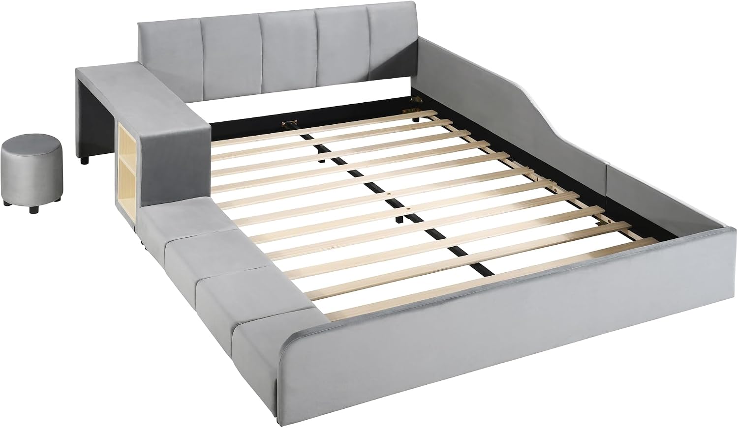 Queen Size Upholstered Bed Frame with Bedside Desk and Little Round Stool, Modern Comfortable Soft Bed with Sturdy Slats Support, Mother & Child Bed for Kids Adults (Gray, Queen)