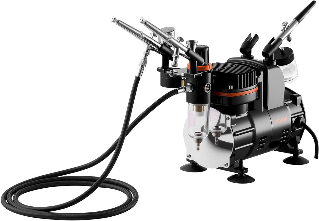 VEVOR Airbrush Kit, 1/6 HP, Air Brush Kit with Air Compressor, 3 Dual-Action Professional Airbrushes with 3 Tips, Hose, Acrylic Paint, Brush, Low Noise, for Cake Decorating, Model Painting, Nail Art