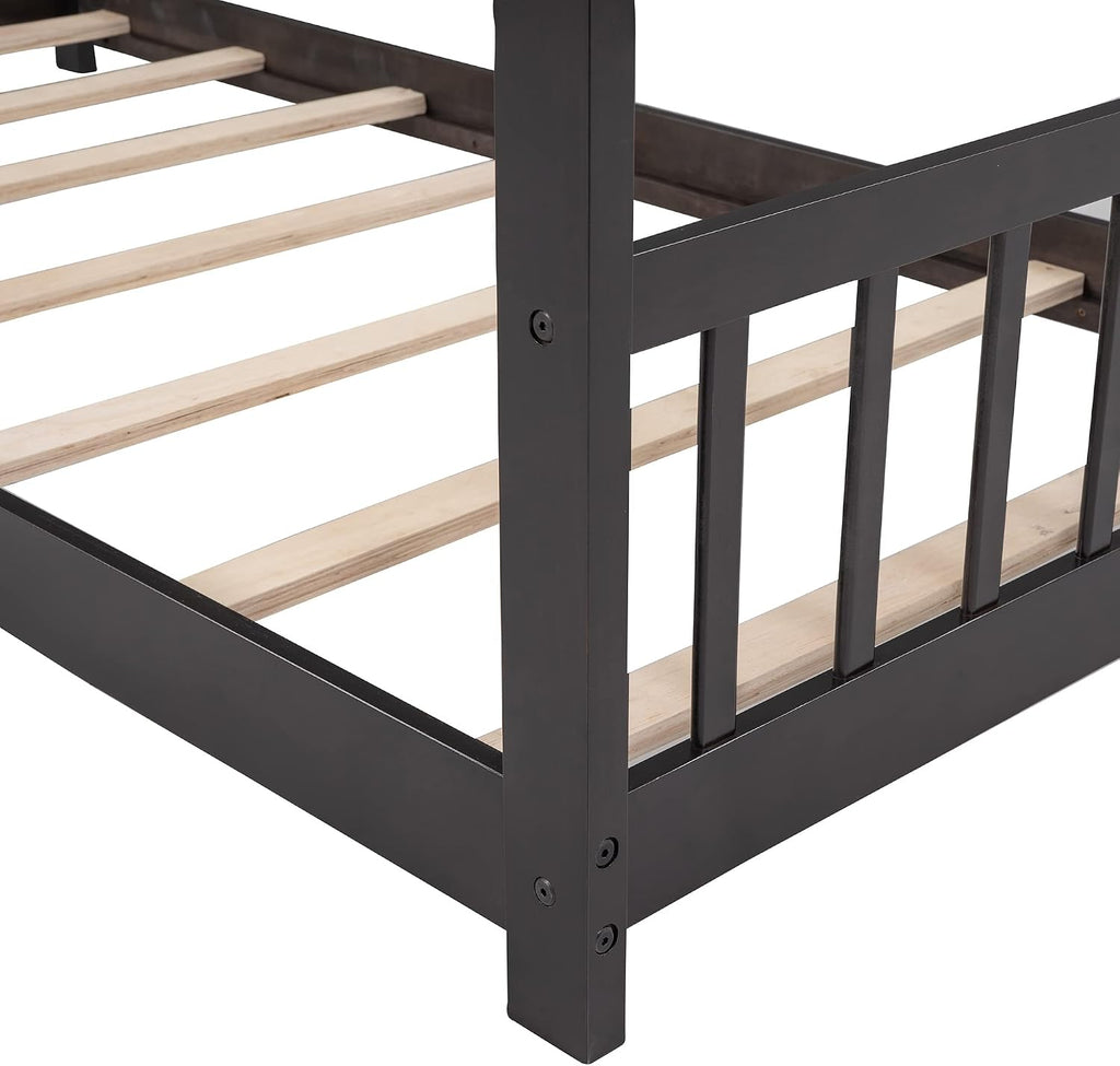 JIVOIT Twin Size Wood House Bed, Solid Wood Tent Bed Canopy Bed Frame with Roof Design, Twin Floor Bed with Wood Slats Support, No Box Spring Needed (Espresso-Twin-Pinewood)