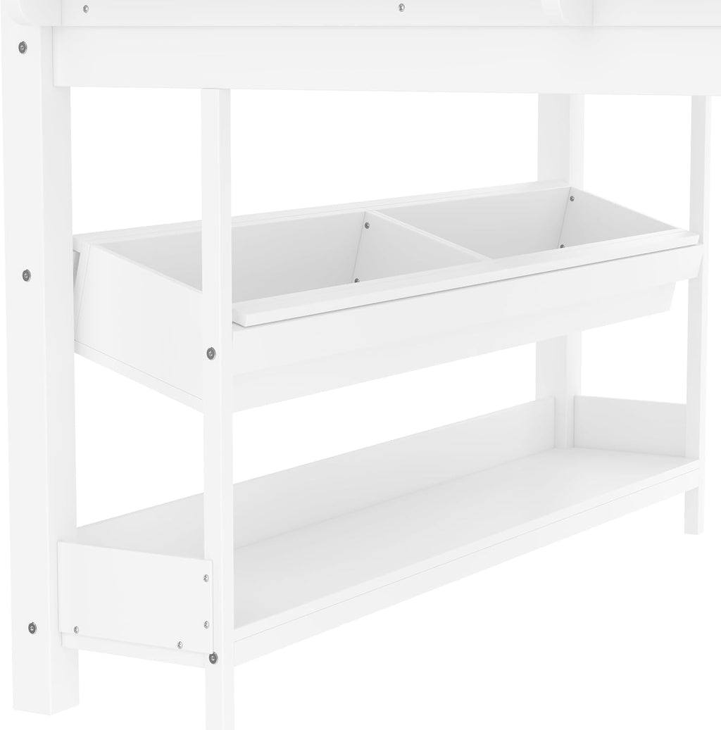 MERITLINE Full Loft Bed with Desk & Blackboard, Twin Multi-Functional Bed with Storage, All-in-One Study & Play Design, White