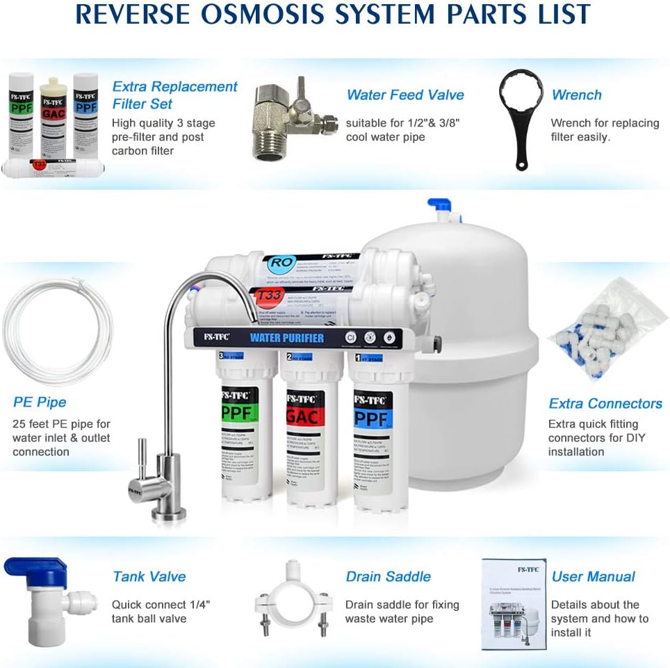 5-Stage Reverse Osmosis Water Filtration System 100GPD Fast Flow Plus Extra 4 Filter for Free (FS-RO-100G-A)