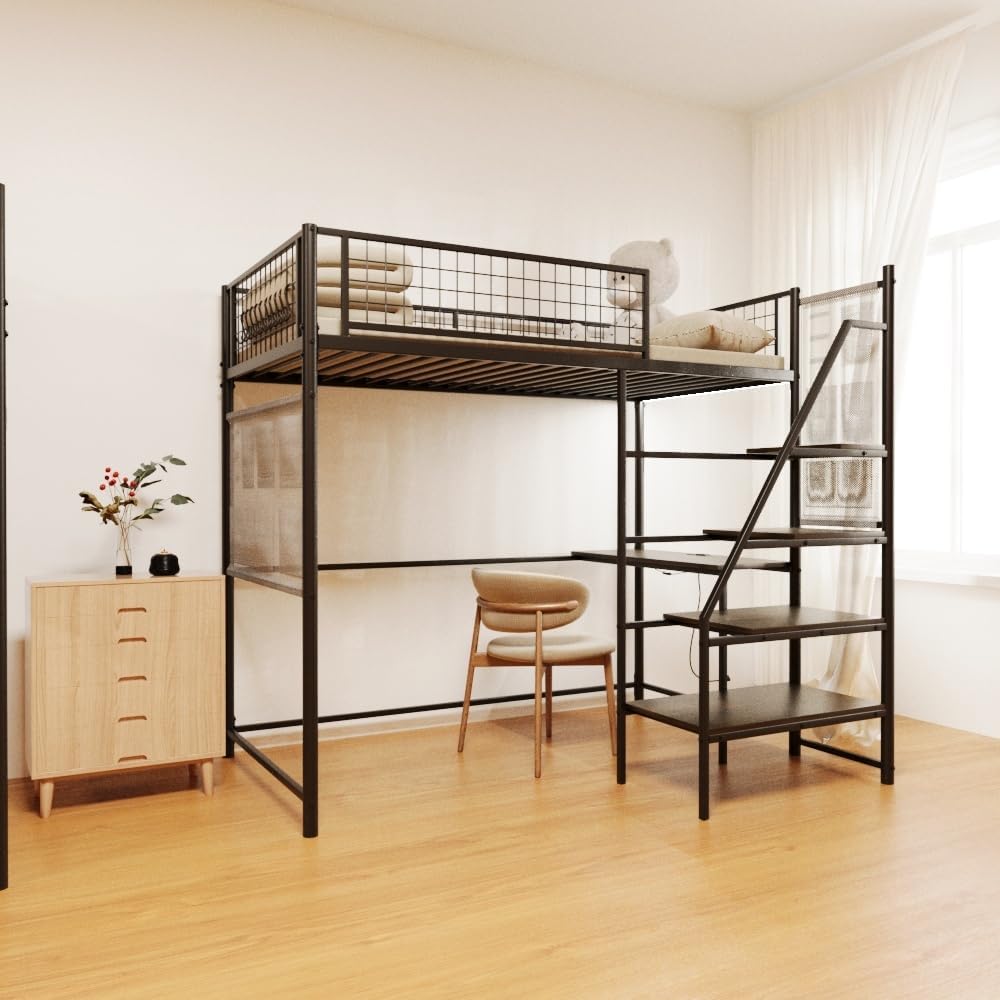Twin Sized loft Metal Bed with Black for Bedroom and Dormitory, with Built-in Charging Station and LED Lighting (Black + Metal & Wood + Bedroom)