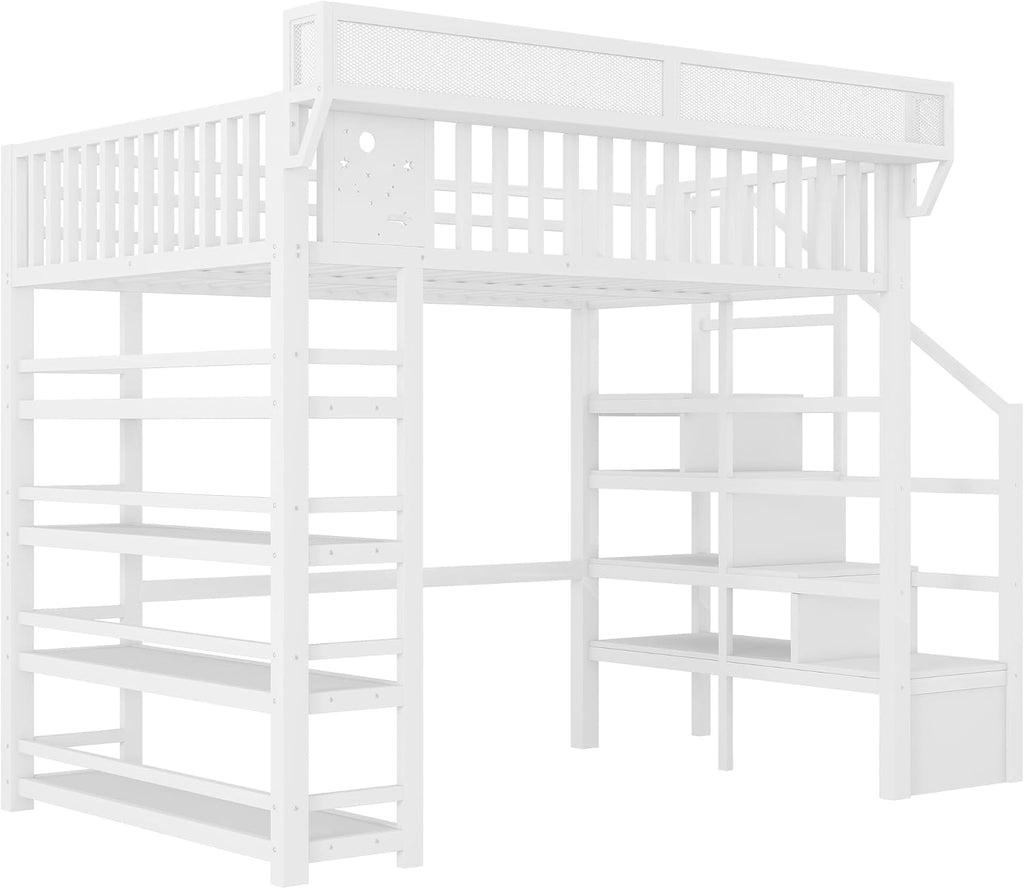JIVOIT Metal Full Loft Bed with 4 Shelf Storage Rack, Stairs Storage, Open Shelves for Upper, Space-Saving Full Loft Bed with Guardrails and Metal Slats Support for Kids Teens (White/1)