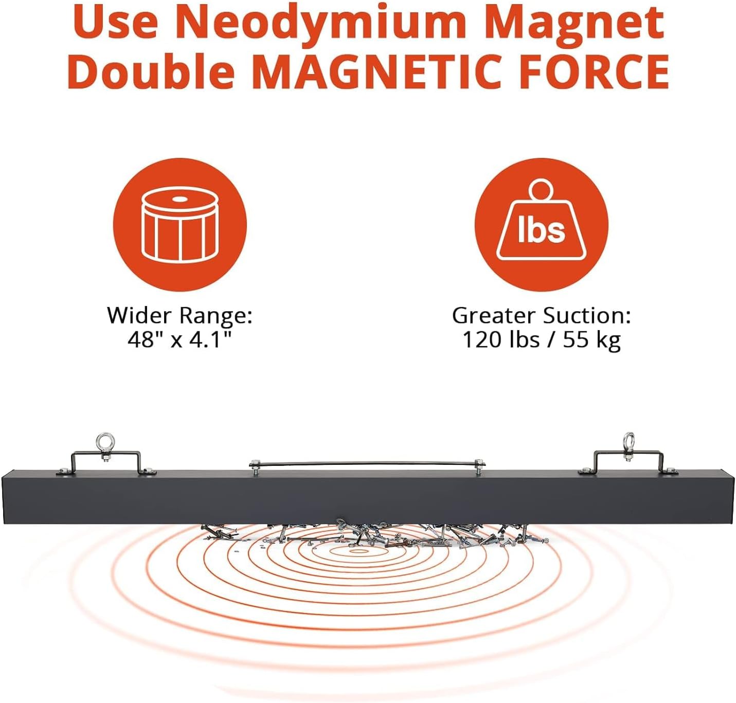 PioneerWorks 48 Inch Hanging Magnetic Sweeper, 120 LB Lifting Capacity Magnetic Nail Sweeper with Quick Release Lever, for Forklift Mounting on Construction Sites, Warehouses & Workshops