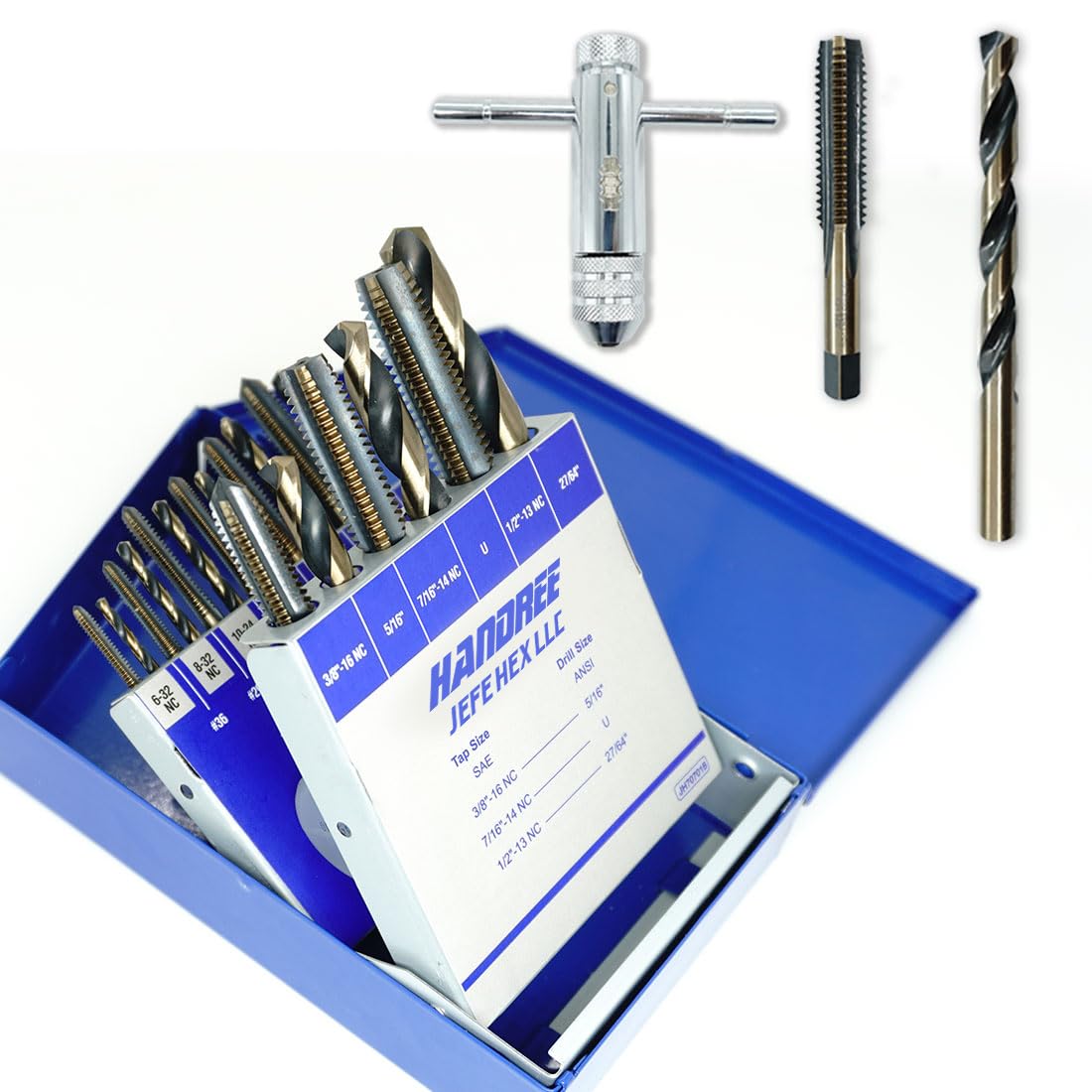 JEFEHEX 18pcs Drill and Tap Set with 1 Piece T-Handle Ratchet Tap Wrench, Tap Range 6-32NC—1/2'-13NC, Black and Gold Premium HSS Jobber Length Drill Bits and Hand Plug Taps with Metal Indexed Box