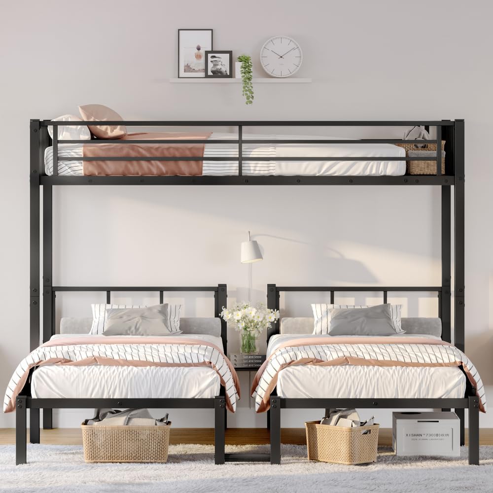 Twin Over Twin & Queen Bunk Bed, with Safety Guardrails,Space-Saving/Noise Reduced,Black (Black + Metal + Twin)