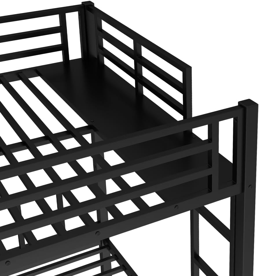 Twin Over Twin & Queen Bunk Bed, with Safety Guardrails,Space-Saving/Noise Reduced,Black (Black + Metal-1)