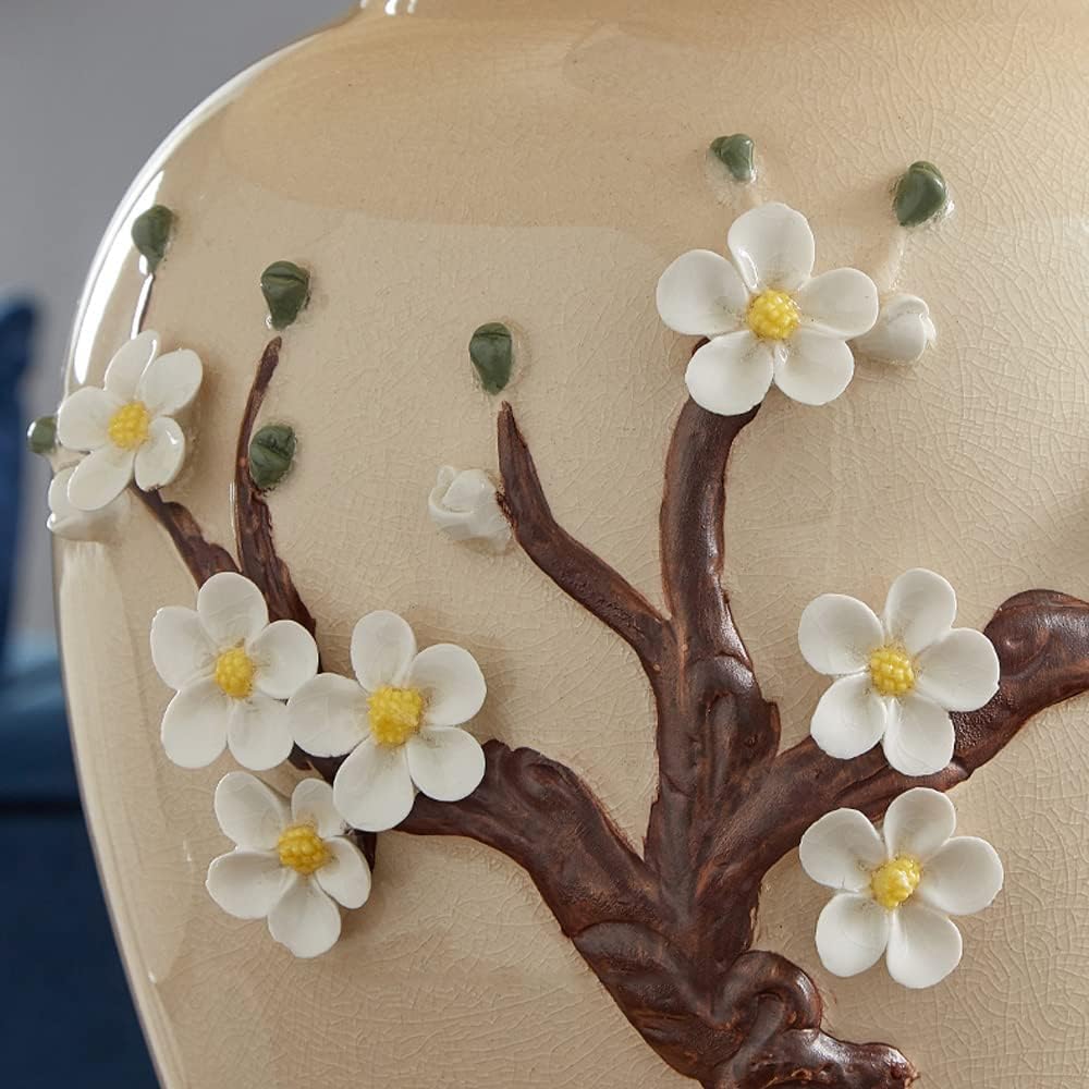 Chinoiserie Ceramic Table Lamp with Brass Base Bedside Desk Nightstand Lamp with Handmade Flower Reading Lamp for Bedroom Living Room Office College Bookcase (56x36cm)