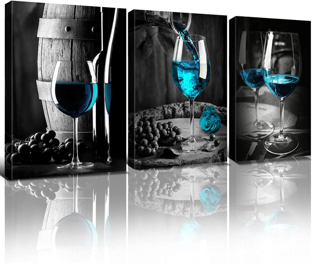 3 Panel Wine Glass Pictures Wall Decor Teal Blue Wall Art for Kitchen Bar Turquoise Home Decorations, Black and White Cask Barrel Pictures Retro Gray Posters Framed Canvas Prints Dining Room 20x28'
