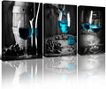 3 Panel Wine Glass Pictures Wall Decor Teal Blue Wall Art for Kitchen Bar Turquoise Home Decorations, Black and White Cask Barrel Pictures Retro Gray Posters Framed Canvas Prints Dining Room 20x28'
