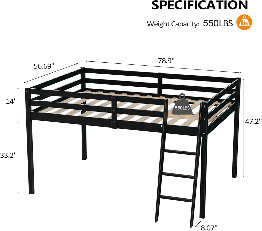 VINGLI Junior Low Loft Bed with Stairs, 47 Inches High Sleeper Bed Full Size for Adults, Kids and Young Teens, No Box Spring Required, Solid Wood Slat Support, Black