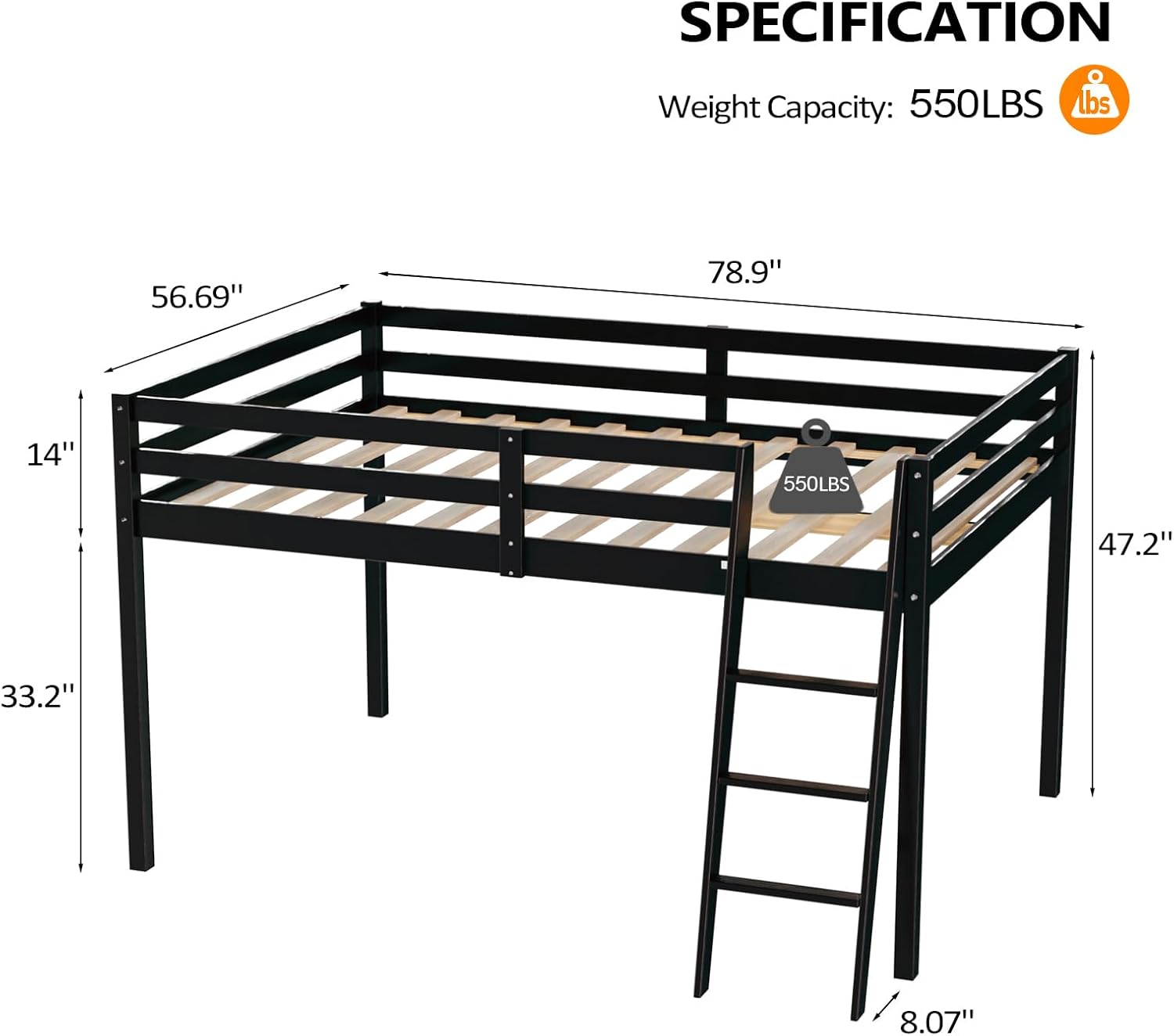 VINGLI Junior Low Loft Bed with Stairs, 47 Inches High Sleeper Bed Full Size for Adults, Kids and Young Teens, No Box Spring Required, Solid Wood Slat Support, Black