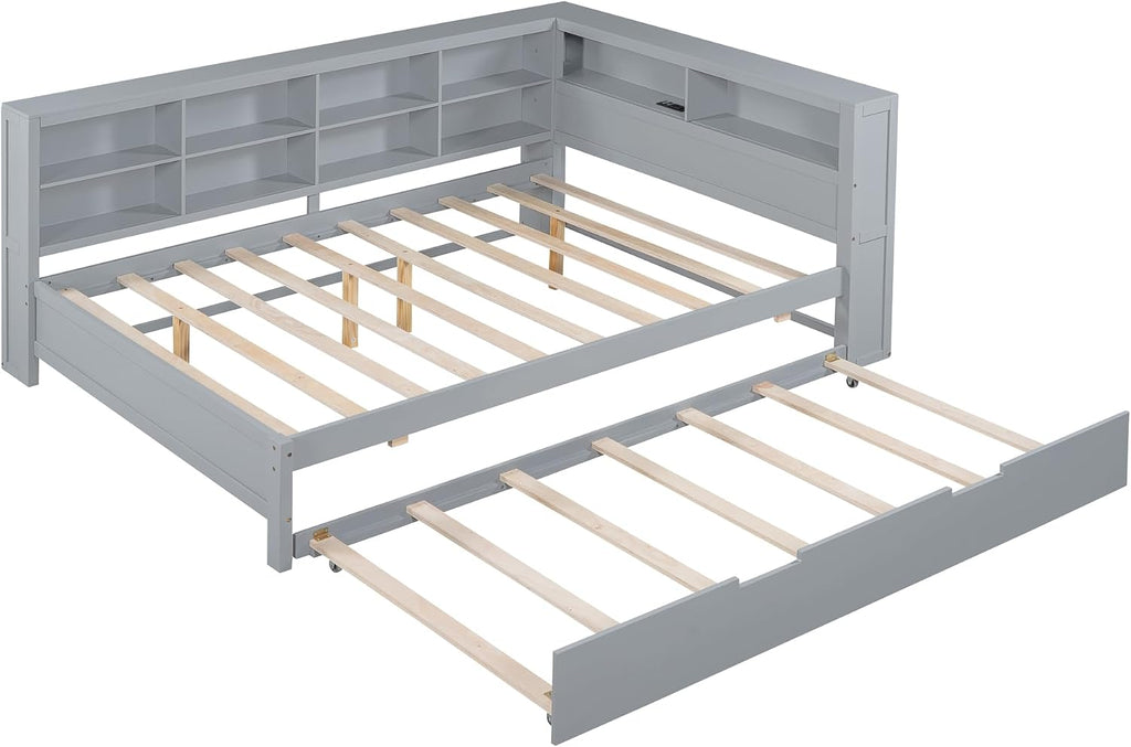 Modern Full Size Daybed with Trundle, Solid Wood Captain Platform Bed with Storage Cabinets and USB Ports, Low Floor Bed for Kids Teens Adult Bedroom, Easy Assembly (Gray-FF025)
