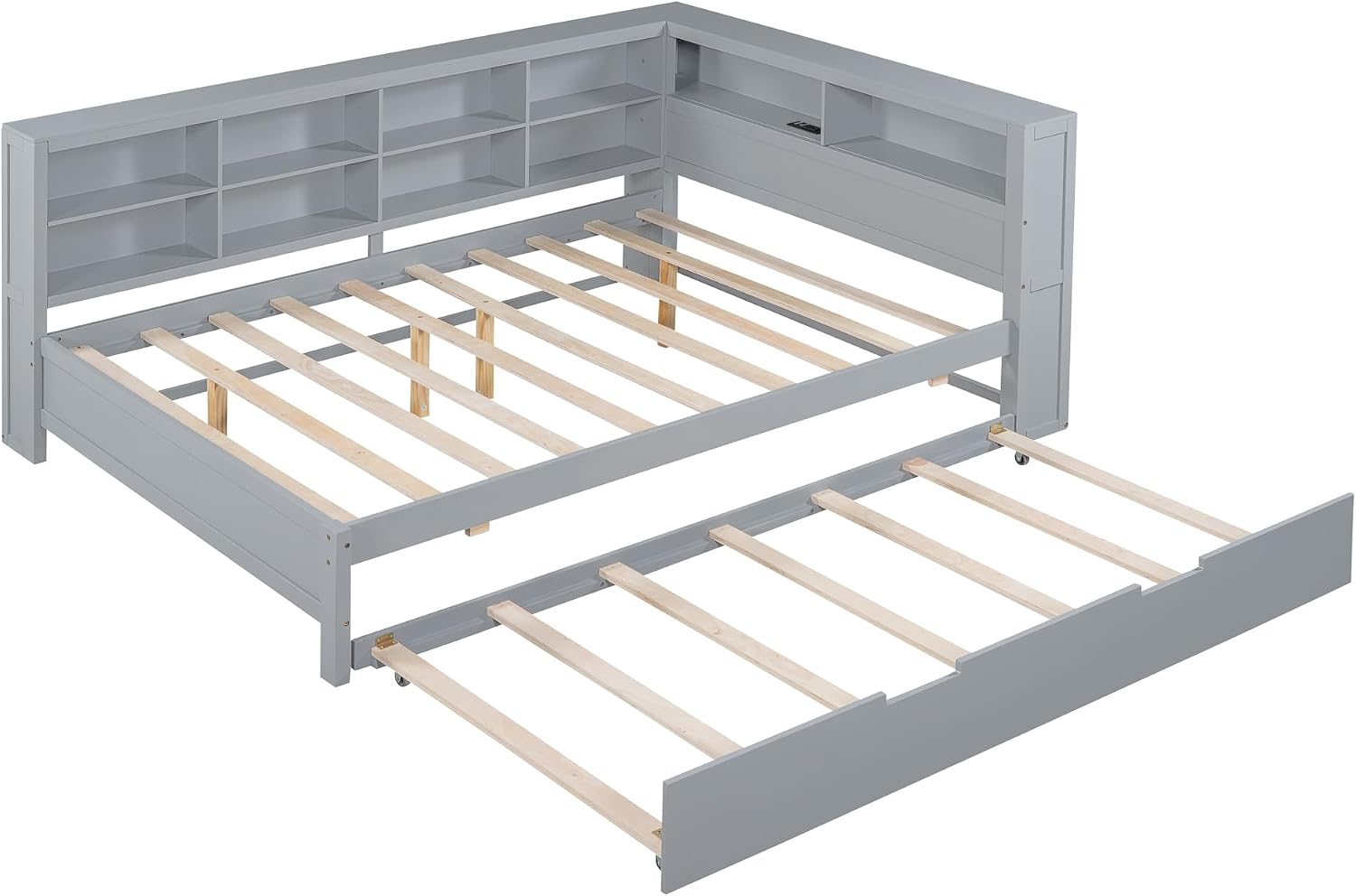 Modern Full Size Daybed with Trundle, Solid Wood Captain Platform Bed with Storage Cabinets and USB Ports, Low Floor Bed for Kids Teens Adult Bedroom, Easy Assembly (Gray-FF025)