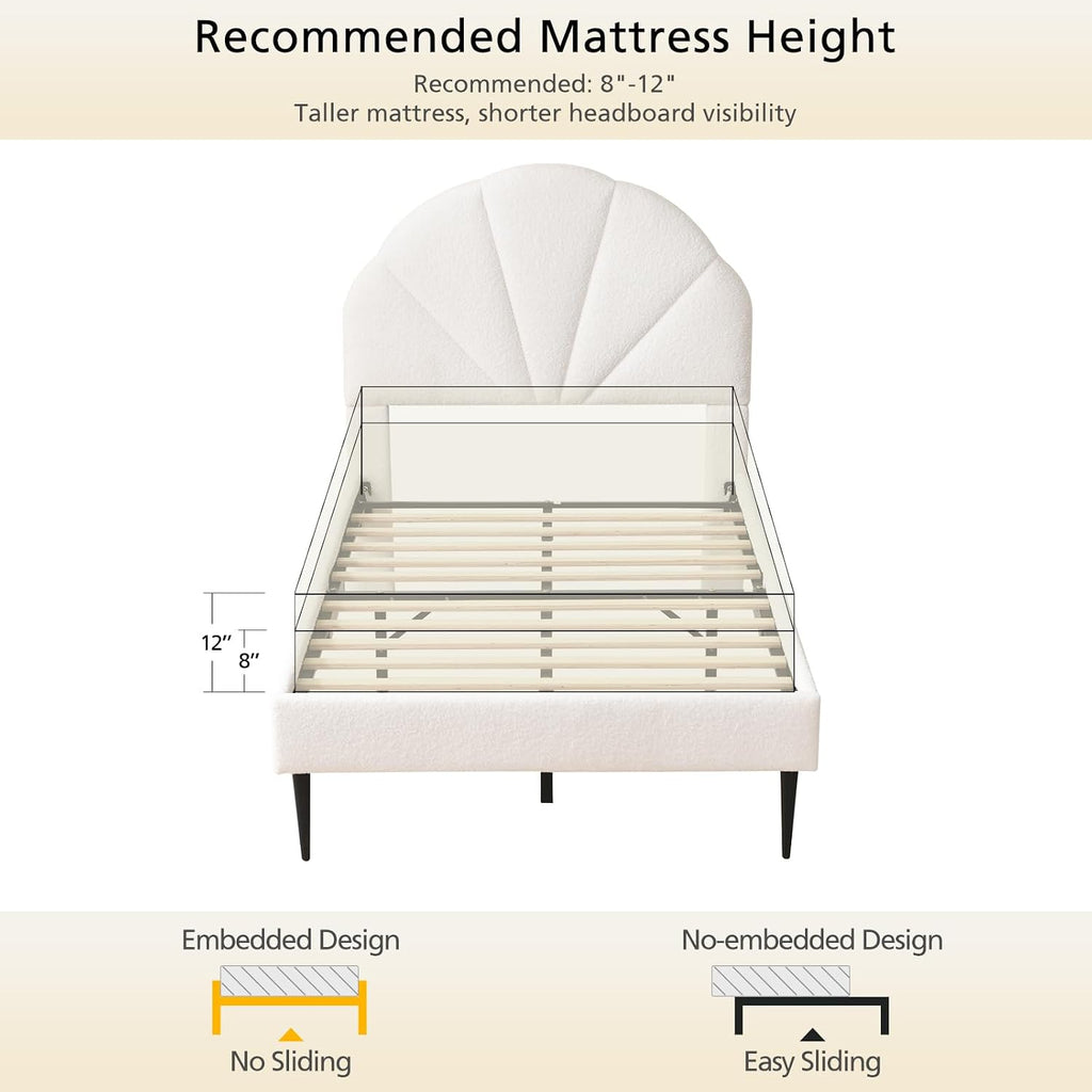 VELOCAVA Twin Size White Boucle Bed with Seashell Headboard, Upholstered Platform Girls Bed with Soft Rounded Corners, Wooden Slats Support, No Box Spring Needed, Easy Assembly
