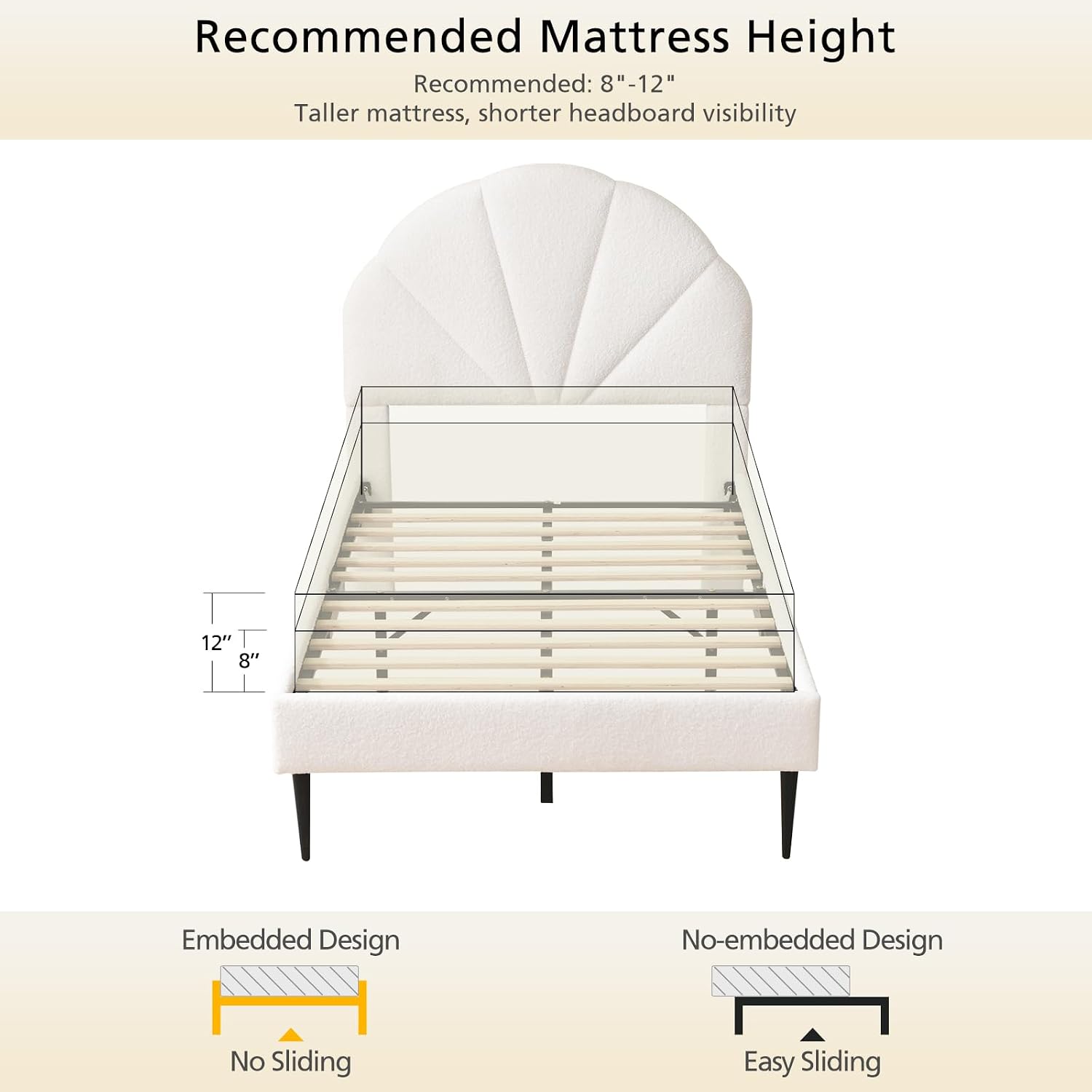 VELOCAVA Twin Size White Boucle Bed with Seashell Headboard, Upholstered Platform Girls Bed with Soft Rounded Corners, Wooden Slats Support, No Box Spring Needed, Easy Assembly
