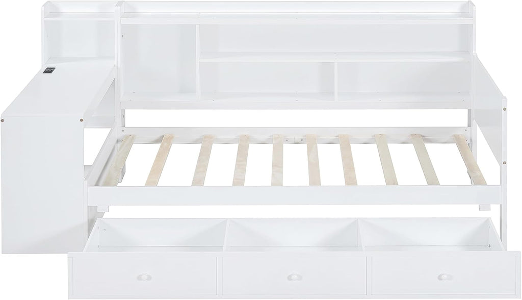 Twin Size Daybed with Storage Shelves and Study Desk, Wooden Daybed Sofa Bed Frame with 3 Drawers and USB Ports for Office Living Room Bedroom, Maximize Space (White-23U)