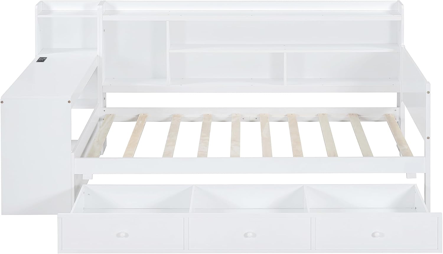 Twin Size Daybed with Storage Shelves and Study Desk, Wooden Daybed Sofa Bed Frame with 3 Drawers and USB Ports for Office Living Room Bedroom, Maximize Space (White-23U)