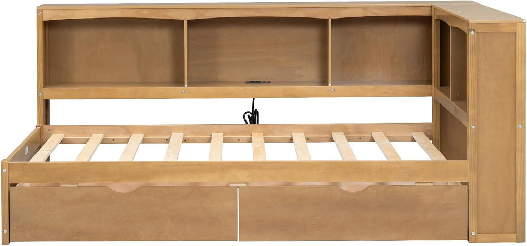 Modern Twin Size Daybed with 2 Storage Drawers, Multifunctional Solid Wood Sofa Bed Frame with Storage Cabinets, USB Portsand and Built-In Charging Station for Living Room,Guest Room (Wood-186J)