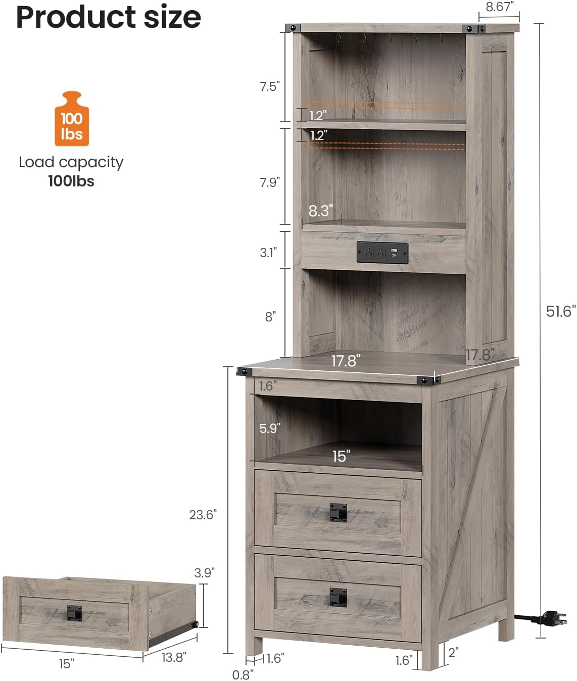 Farmhouse Tall Nightstand Set of 2 with Charging Station and 2 Drawers,Led Night Stand Set of 2 with Bookshelf,Bedside End Side Table with Storage Shelves for Bedroom, Grey