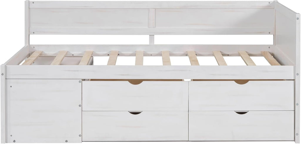 Twin Size Daybed with 4 Pull-Out Drawers and 3 Functioning Shelves,Solid Wood Day Bed Frame with Wooden Slats Support for Bedroom,No Box Spring Required (White-AB40)