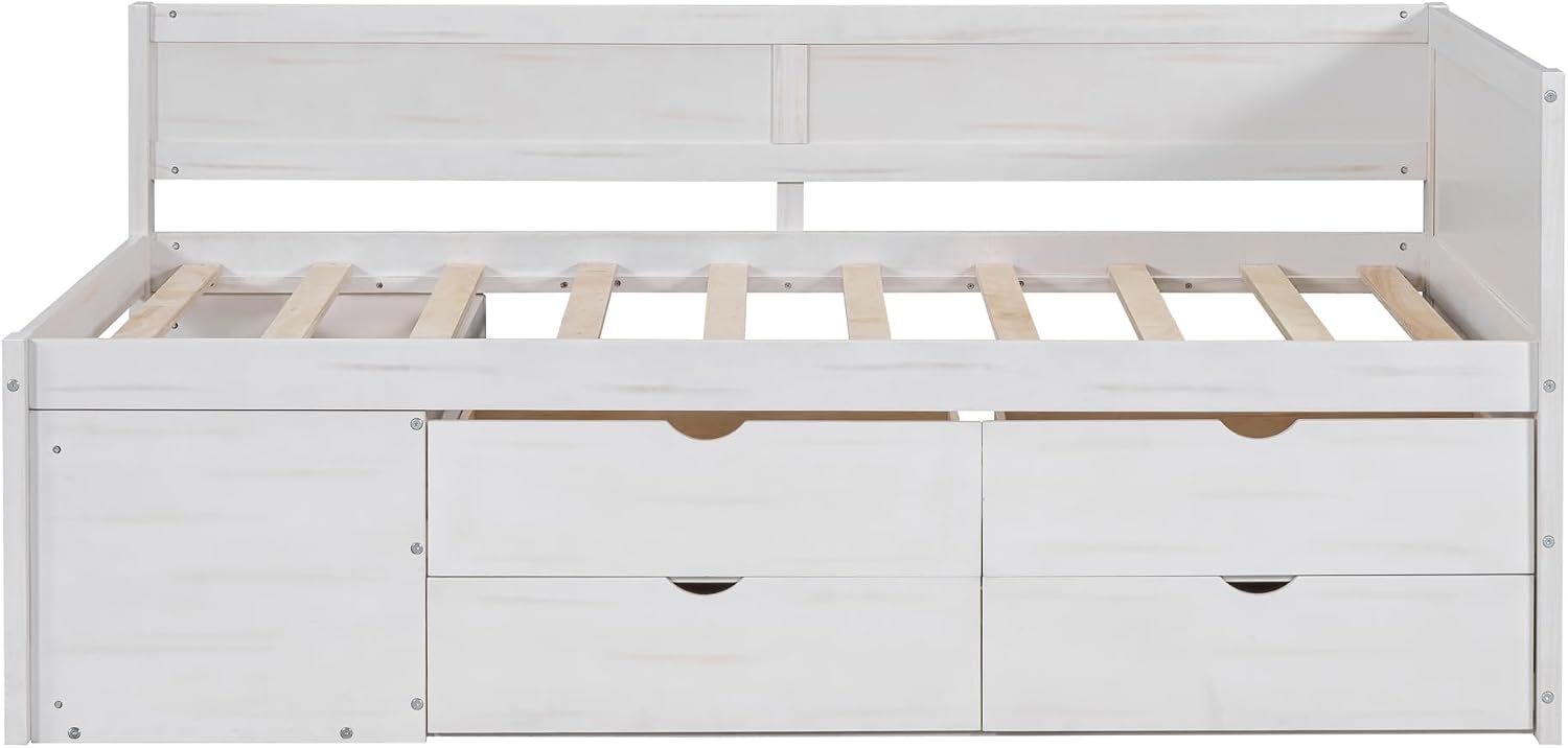 Twin Size Daybed with 4 Pull-Out Drawers and 3 Functioning Shelves,Solid Wood Day Bed Frame with Wooden Slats Support for Bedroom,No Box Spring Required (White-AB40)
