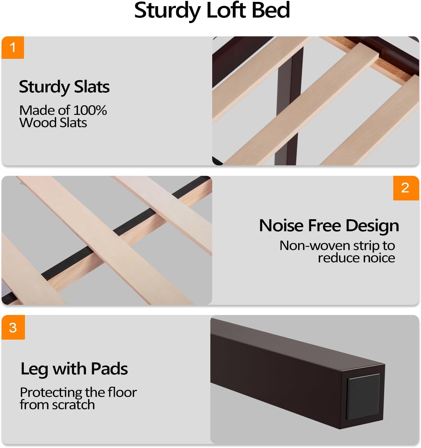 VINGLI Junior Low Loft Bed with Inclined Stairs, Wood Loft Bed Full Size for Adults, Kids and Young Teens, No Box Spring Required,Wood Slat Support, Espresso