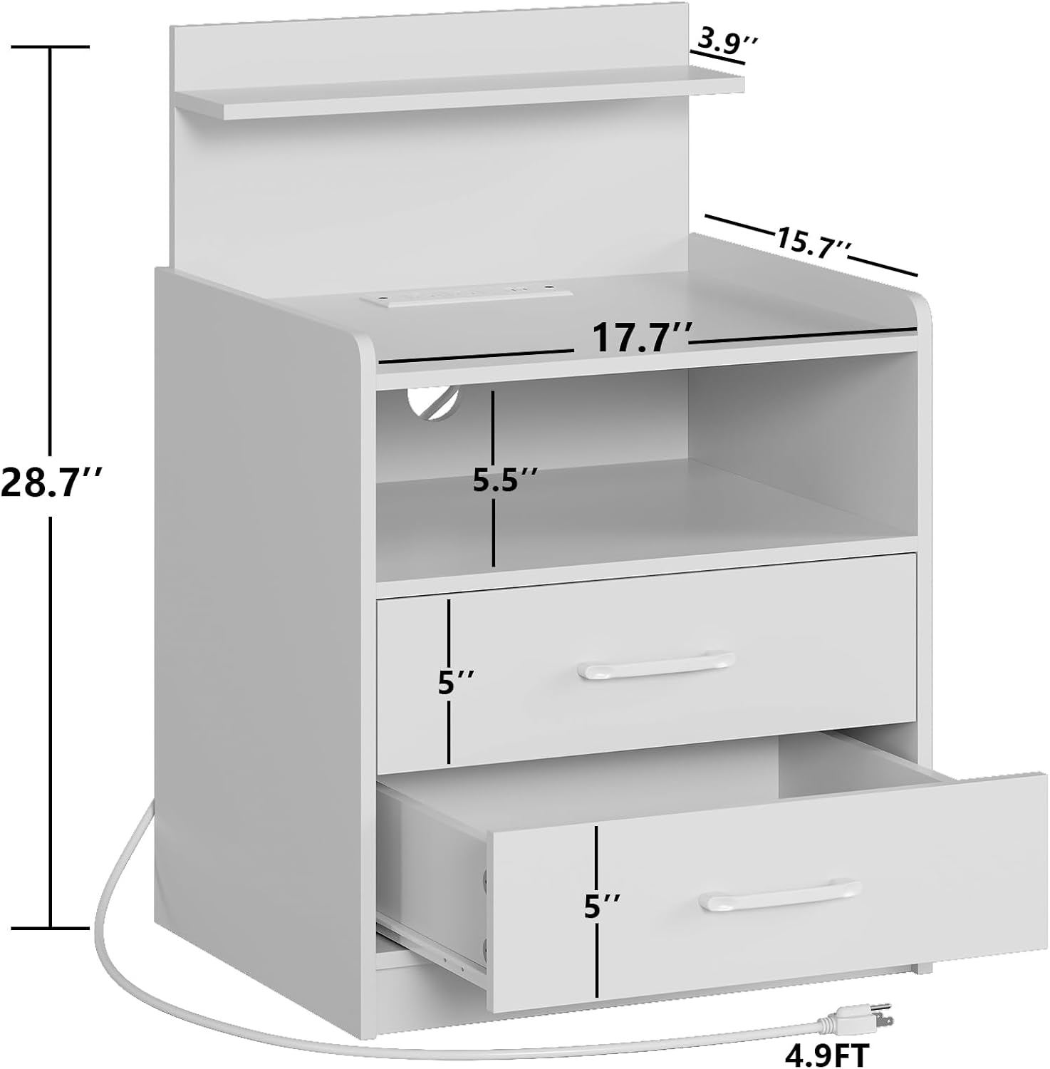 Nightstand Set of 2 with Charging Station and LED Lights, Bedside Table with 2 Drawers and Open Storage Shelf, 2 USB Ports and 2 AC Outlets, LED Night Stands for Bedroom Set of 2, White