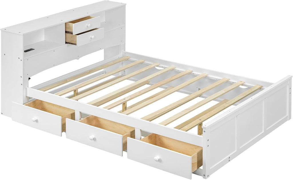 Full Size Wooden Platform Bed Frame with 3 Drawers, Upper Shelves, Twin Size Trundle and a set of USB Ports & Sockets, No Box Spring Needed, Easy to Assemble, Bedroom Furniture, Noise-Free, White