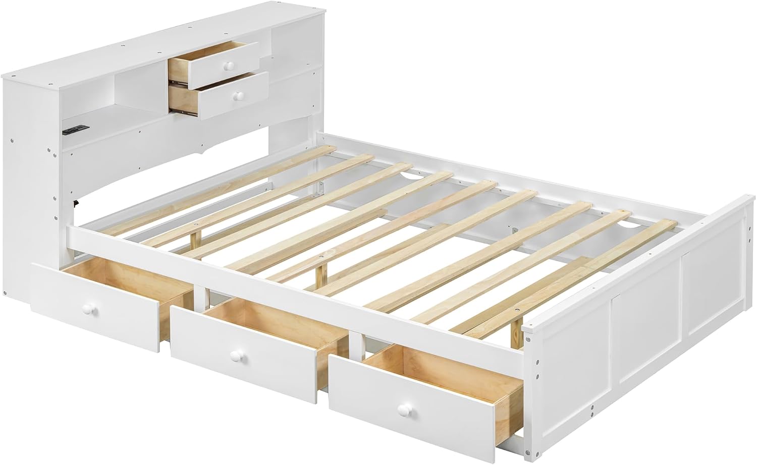 Full Size Wooden Platform Bed Frame with 3 Drawers, Upper Shelves, Twin Size Trundle and a set of USB Ports & Sockets, No Box Spring Needed, Easy to Assemble, Bedroom Furniture, Noise-Free, White