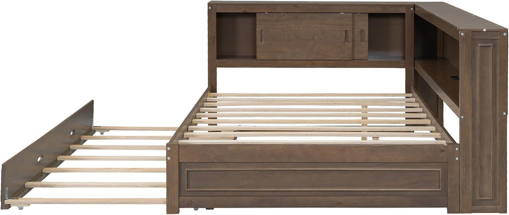 Modern Full Size Daybed with Storage Shelves and Bookcase, L Shape Corner Bed with LED Lights & USB Ports, Full Wood Daybed with Trundle for Kids Teens Adults (Antique Wood-Q28)