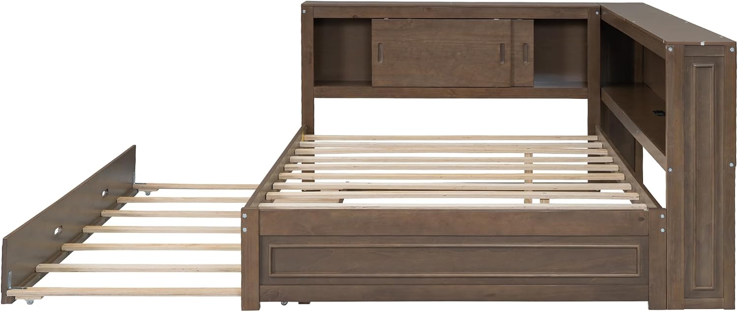 Modern Full Size Daybed with Storage Shelves and Bookcase, L Shape Corner Bed with LED Lights & USB Ports, Full Wood Daybed with Trundle for Kids Teens Adults (Antique Wood-Q28)