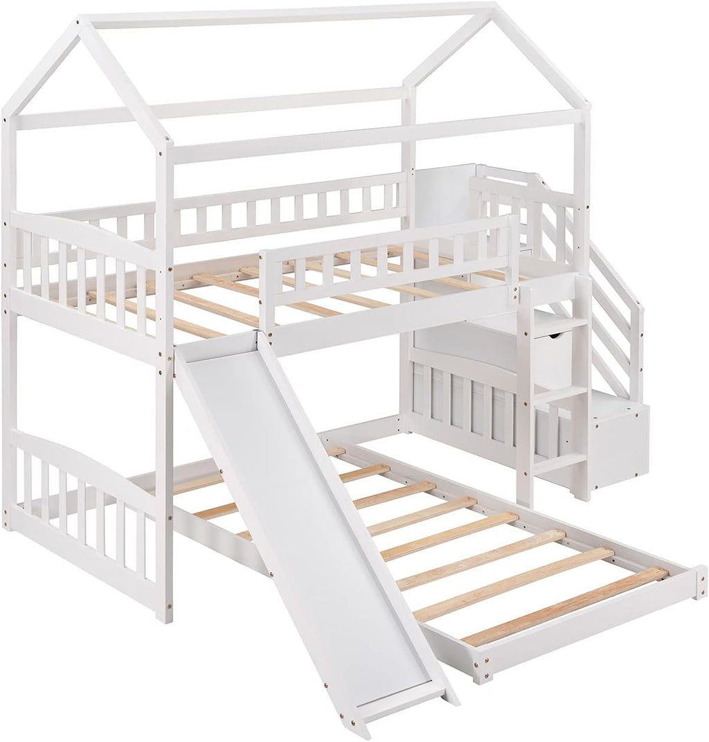 Twin Over Twin Bunk Beds with Slide and Storage Steps, Bunk Bed for Kids Toddlers, Playhouse Farmhouse Roof Guardrail Ladder 2 Drawers, for Girls/Boys, No Spring Box Required (White+Storage Steps)