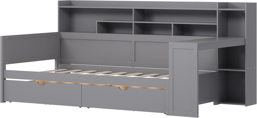 Mirightone Corner Twin Bed Frame with Bookcase Storage and Desk, Wood Day Beds with 2 Drawers, Twin Size Daybed with Storage for Living Room,Bedroom & Guest Room, Gray