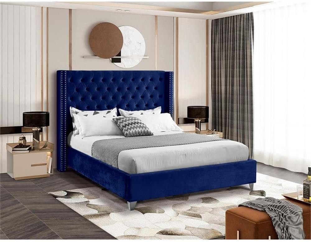 Meridian Furniture Aiden Collection AidenNavy-K Modern | Contemporary Velvet Upholstered Bed with Deep Button Tufting, Solid Wood Frame, and Custom Chrome Legs, King, Navy, 88' W x 86' D x 56' H