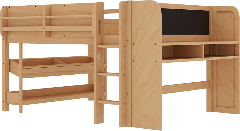 MERITLINE Full Loft Bed with Desk & Blackboard, Twin Multi-Functional Bed with Storage, All-in-One Study & Play Design (Natural)
