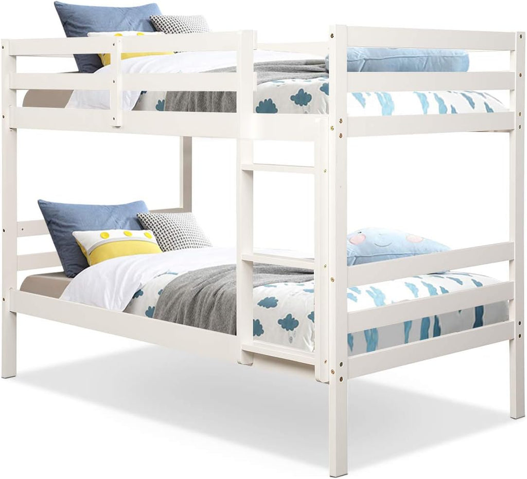 Costzon Twin Over Twin Bunk Beds, Wood Convertible Two Beds, Solid Rubberwood Bunk Bed with 1 Pcs Built-in Ladder and Safety Rails, No Box Spring Needed, Space Saving Bed Frame for Bedroom (White)