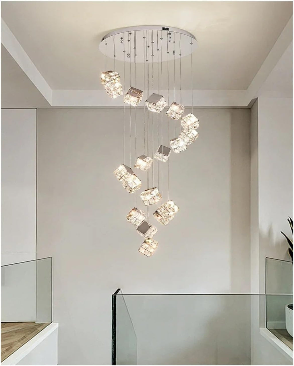 Modern K9 Crystal Led Chandelier Stair Luxury Cube Steel Pendant Lights Indoor Decor Lighting Lamparas Luminarias Lighting Versatile Use(16heads)
