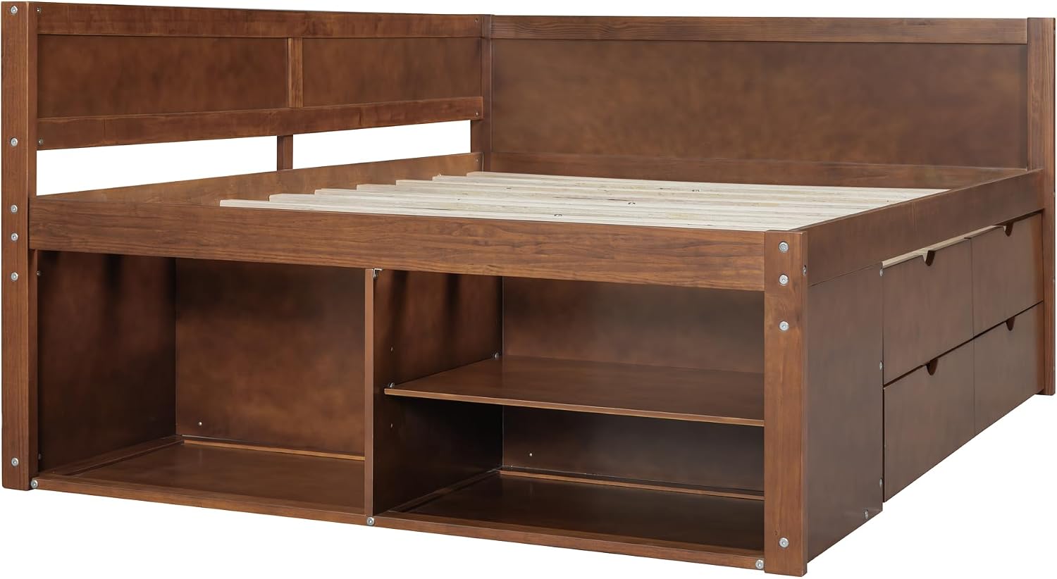 Full Size Daybed with 4 Pull-Out Drawers and 3 Functioning Shelves,Solid Wood Day Bed Frame with Wooden Slats Support for Bedroom,No Box Spring Required (Walnut-AB41)