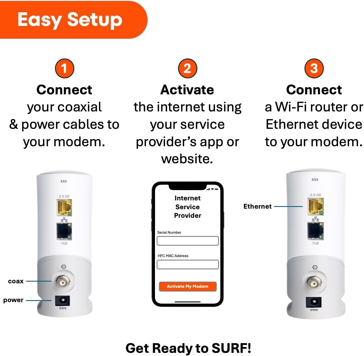 ARRIS SURFboard S33 DOCSIS 3.1 Multi‑Gig Cable Modem | 2.5Gbps + 1Gbps Ethernet Ports | Works with Xfinity, Cox, Spectrum | For Cable Internet Plans up to 2.5Gbps | Modem Only, Router Required