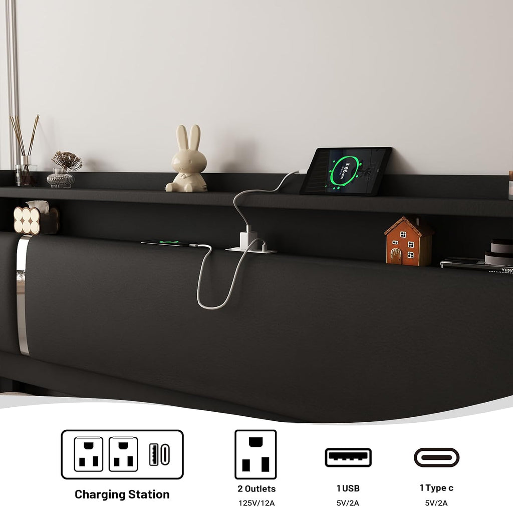 Floating Bed Frame, Full Size Platform Bed Frame with LED and Charging Station, Modern Black Metal Platform Full Bed with Storage Headboard, Upholstered Platform Bed Frame, No Box Spring Needed