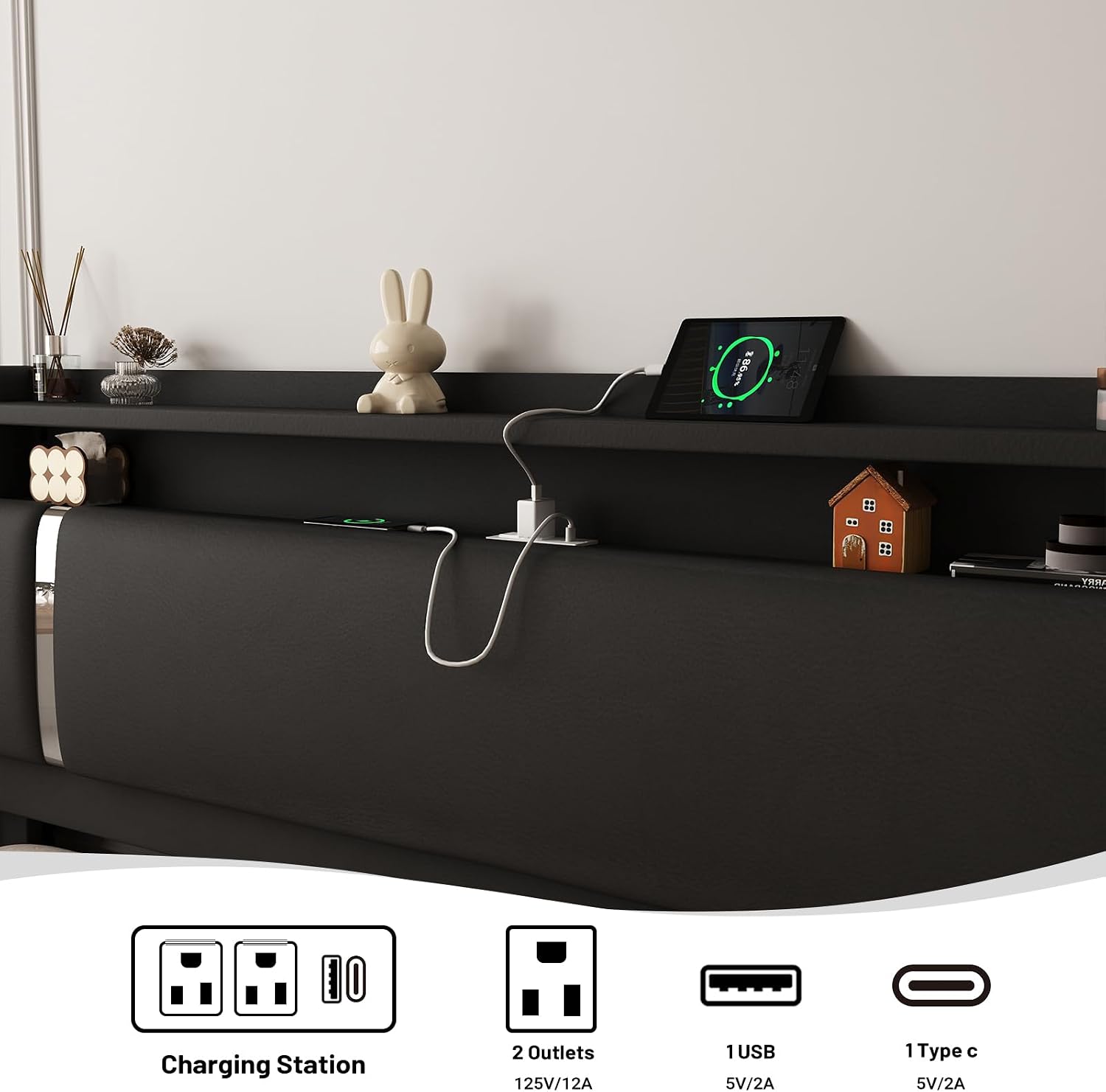Floating Bed Frame, Full Size Platform Bed Frame with LED and Charging Station, Modern Black Metal Platform Full Bed with Storage Headboard, Upholstered Platform Bed Frame, No Box Spring Needed
