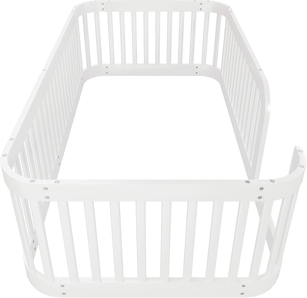 JIVOIT Twin Size Floor Bed Frame with Fence, Wood Montessori Floor Bed with Safety Guardrail, Easy Assembly (White/124)