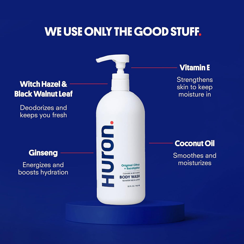 Huron Shower Kit for Men and Women – Shampoo, Conditioner & Body Wash with Citrus + Eucalyptus Scent, Hydrating, Phthalate-Free, non-toxic Ingredients for Hair & Skin Care, 30.3 fl oz (Pack of 3)